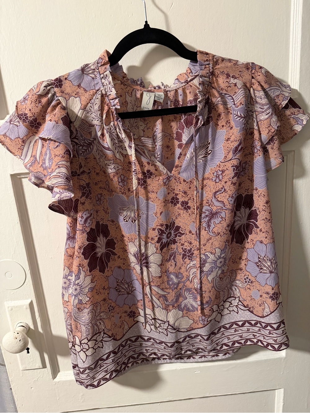 Joie Pink Mauve Floral Ruffle Hem Flutter Sleeve Tunic Blouse EUC Office Casual